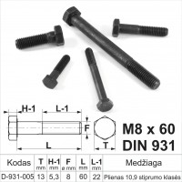 M8 x 60 Hexagon socket head cap screws (8x1.25) DIN931 steel class 10.9 without coating