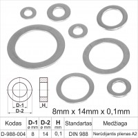 8mm x 14mm x 0.1mm Stainless steel A2 thin washers flat support rings DIN 988 ring, gaskets