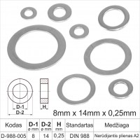8mm x 14mm x 0.25mm Stainless steel A2 thin washers flat support rings DIN 988 ring, gaskets