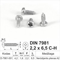 DIN 7981 2,2x6,5 CH Stainless steel A2 Self-tapping screws for metal with round head, self-tapping screw
