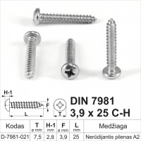 DIN 7981 3,9x25 CH Stainless steel A2 Self-tapping screws for metal with round head, self-tapping screw