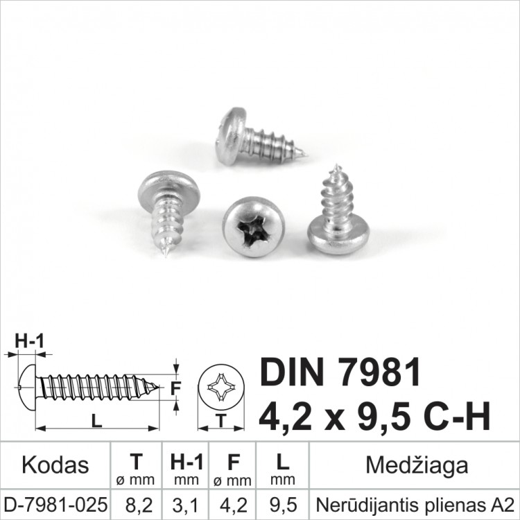 DIN 7981 4,2x9,5 C-H Nerūdijantis plienas A2 Savisriegiai metalui pusapvalia galvute, savisriegis (sraigtai)