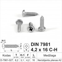 DIN 7981 4,2x16 CH Stainless steel A2 Self-tapping screws for metal with round head, self-tapping screw