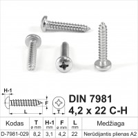 DIN 7981 4,2x22 CH Stainless steel A2 Self-tapping screws for metal with round head, self-tapping screw