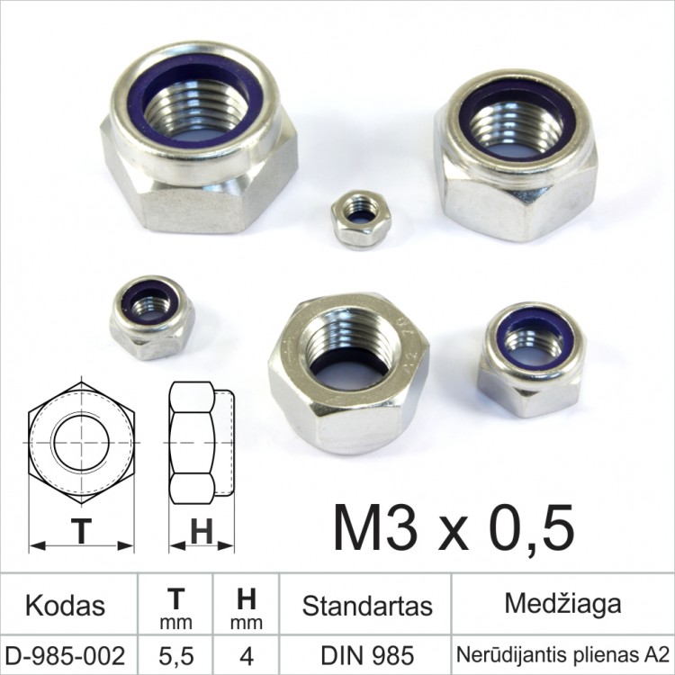 M3 x 0.5 Hexagon nuts with nylon DIN985 Stainless steel with A2 metric standard thread