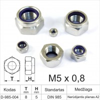M5 x 0.8 Hexagon nuts with nylon DIN985 Stainless steel with A2 metric standard thread