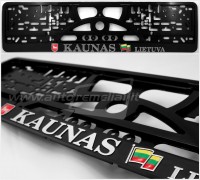 The frame of the number is embossed with the inscription Kaunas Lithuania with the coat of arms of Kaunas and the flag of Lithuania