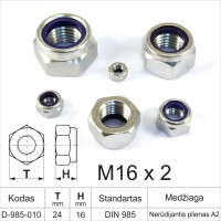 M16 x 2 Hexagon nuts with nylon DIN985 Stainless steel with A2 metric standard thread