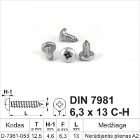 DIN 7981 6,3x13 C-H Nerūdijantis plienas A2 Savisriegiai metalui pusapvalia galvute, savisriegis (sraigtai)