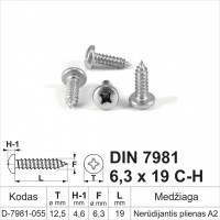 DIN 7981 6,3x19 C-H Nerūdijantis plienas A2 Savisriegiai metalui pusapvalia galvute, savisriegis (sraigtai)
