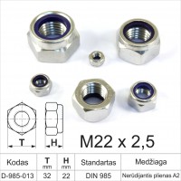 M22 x 2.5 Hexagon nuts with nylon DIN985 Stainless steel with A2 metric standard thread
