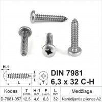 DIN 7981 6,3x32 C-H Nerūdijantis plienas A2 Savisriegiai metalui pusapvalia galvute, savisriegis (sraigtai)