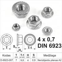 M4 x 0.7 Hexagon nut with skirt and locking teeth DIN6923 Stainless steel with A2 metric standard thread